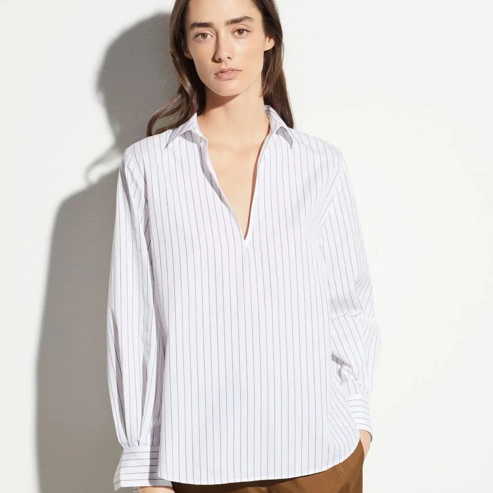 Vince White Bar Stripe Swing Front Pullover Shirt Long Sleeve Size XL Collared